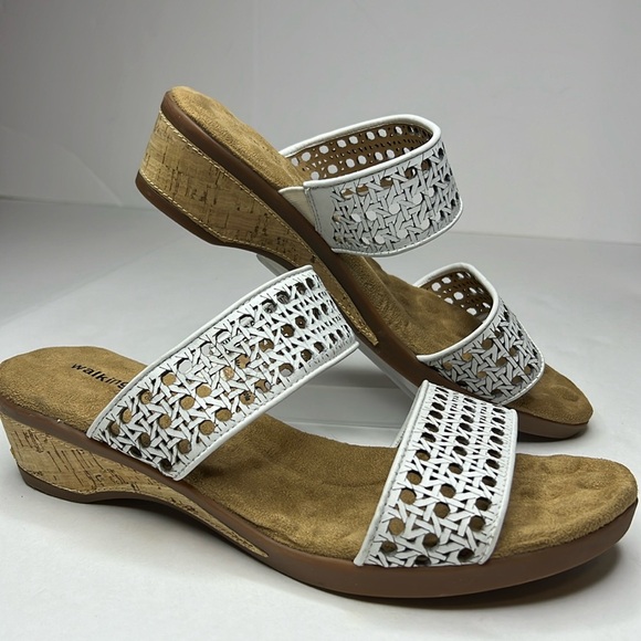 WALKING CRADLES Wedge Sandal Slide Kiwi White Leather Comfort 11‎ EE Extra Wide - Picture 1 of 17
